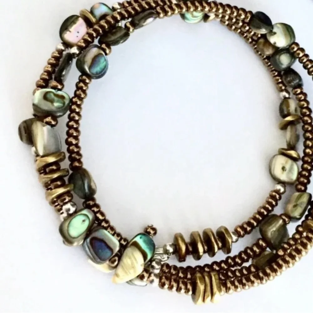 Silpada Sterling Sllver Bronze Brass Abalone Shell Glass Seed Bead Wrap Bracelet - Picture 4 of 6